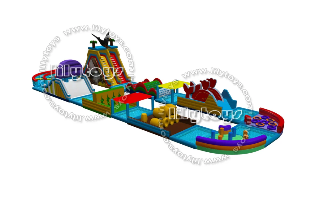 Inflatable Water Park Slide Long Obstacle Course with Pool